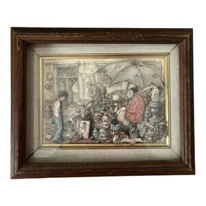 Vintage Anton Pieck Framed 3D Art Print – Old Market Scene with Boy – Shadow Box